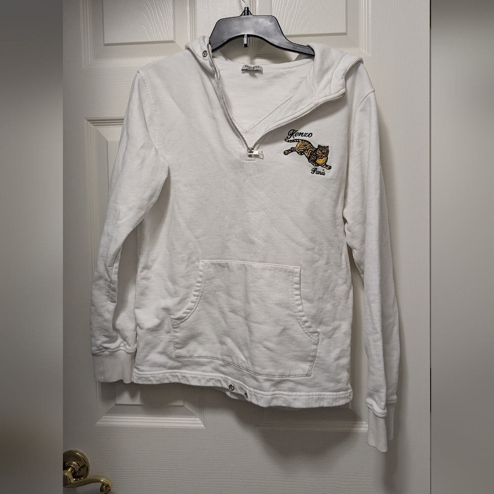 Kenzo Tiger Embroidered White Sweater Side Medium M Cotton Hood Quarter Zip